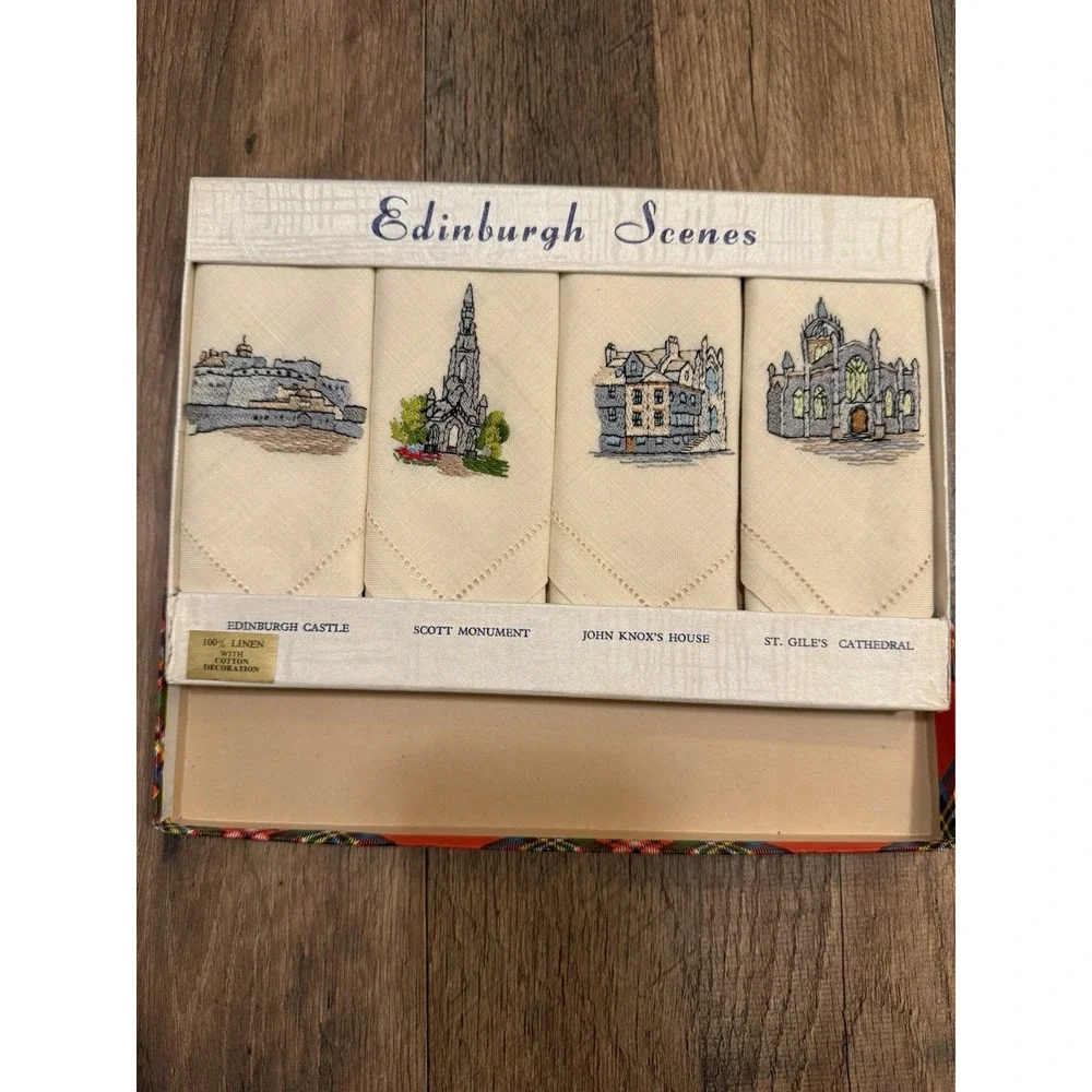 Vintage Set of 4 Edinburgh Souvenir Tea Towel ‎ 100% Linen NIB